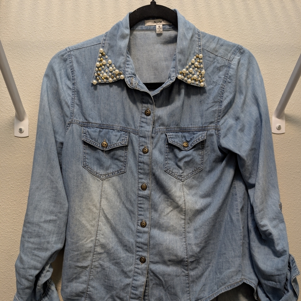 Papaya Light Blue Denim Shirt with Pearl Details